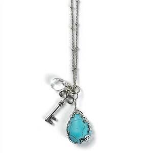NEW MAD STYLE women's turquoise key and bead charm necklace in silver